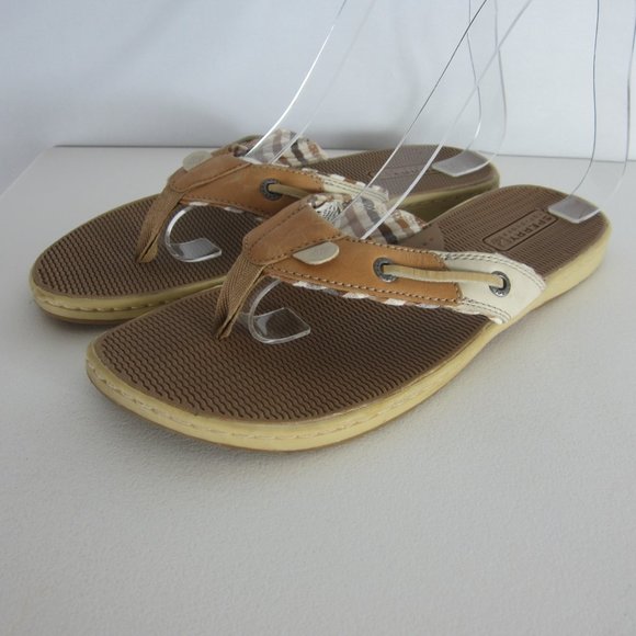 Sperry Top Sider 7.5 Ivory Beige Leather Flip Flop - Picture 2 of 11